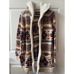 No Boundaries Cardigan Juniors XLG 15/17 Multi Colored  Aztec Hooded Open Front